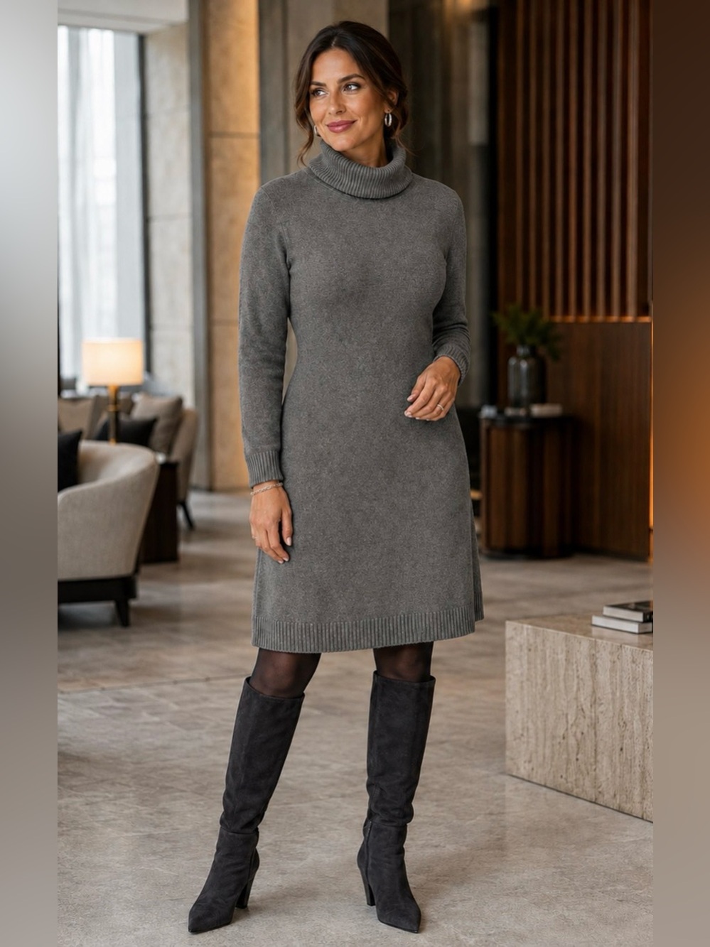 Lacoste Pure New Wool Charcoal Gray Turtleneck Sweater Dress Size 42